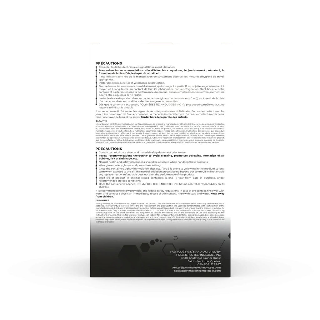 Produktetiket med tekniske instruktioner og advarsler på hvid baggrund, sort bånd nederst med produktinformation.