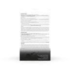 Produktetiket med tekniske instruktioner og advarsler på hvid baggrund, sort bånd nederst med produktinformation.