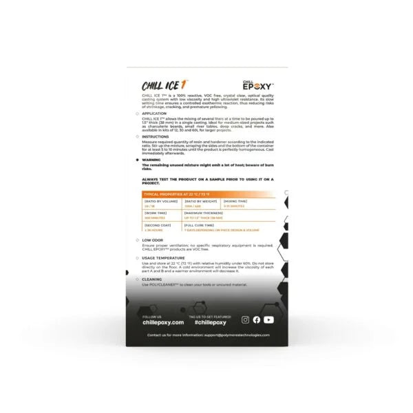Produktvejledning til CHILL ICE epoxy med tekniske specifikationer og brugervejledning på hvid baggrund.
