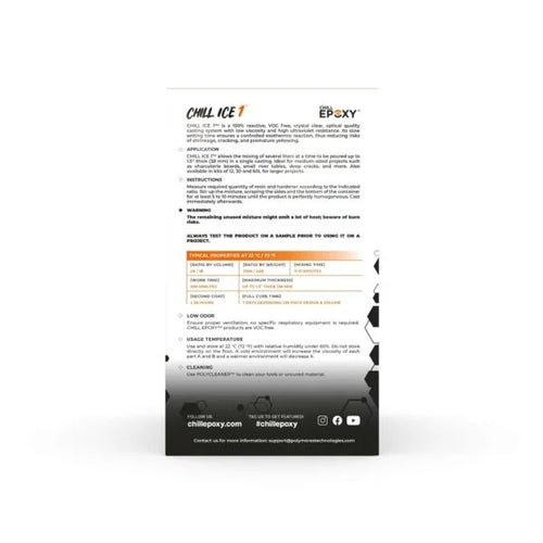 Produktvejledning til CHILL ICE epoxy med tekniske specifikationer og brugervejledning på hvid baggrund.