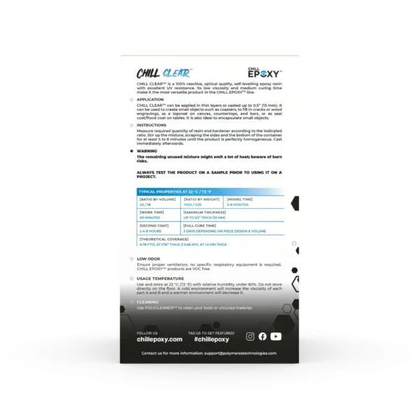 Hvid og sort emballage med tekst og instruktioner på dansk til CHILL CLEAR epoxy top coat, 3 liter variant.