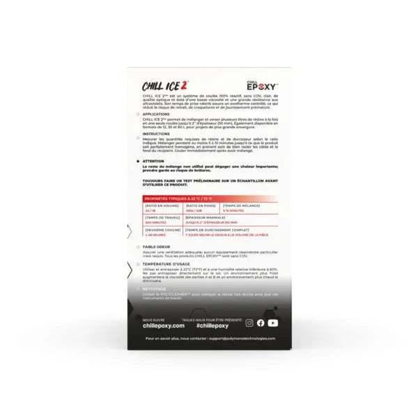 Produktmanual til CHILL ICE 2 epoxy med tekniske specifikationer og brugsanvisning på hvid baggrund.