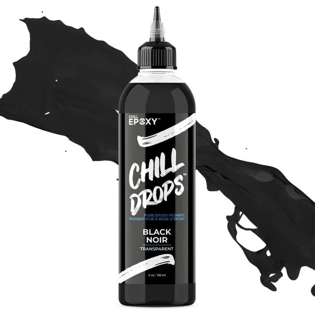 Sort CHILL DROPS epoxy pigmentflaske med dryppespenser og sort flydende farve baggrund.
