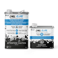 To metalbokse med Chill Clear epoxy, en stor 1-liters beholder og en mindre 500 ml hærdere, hvid og blå etikette.