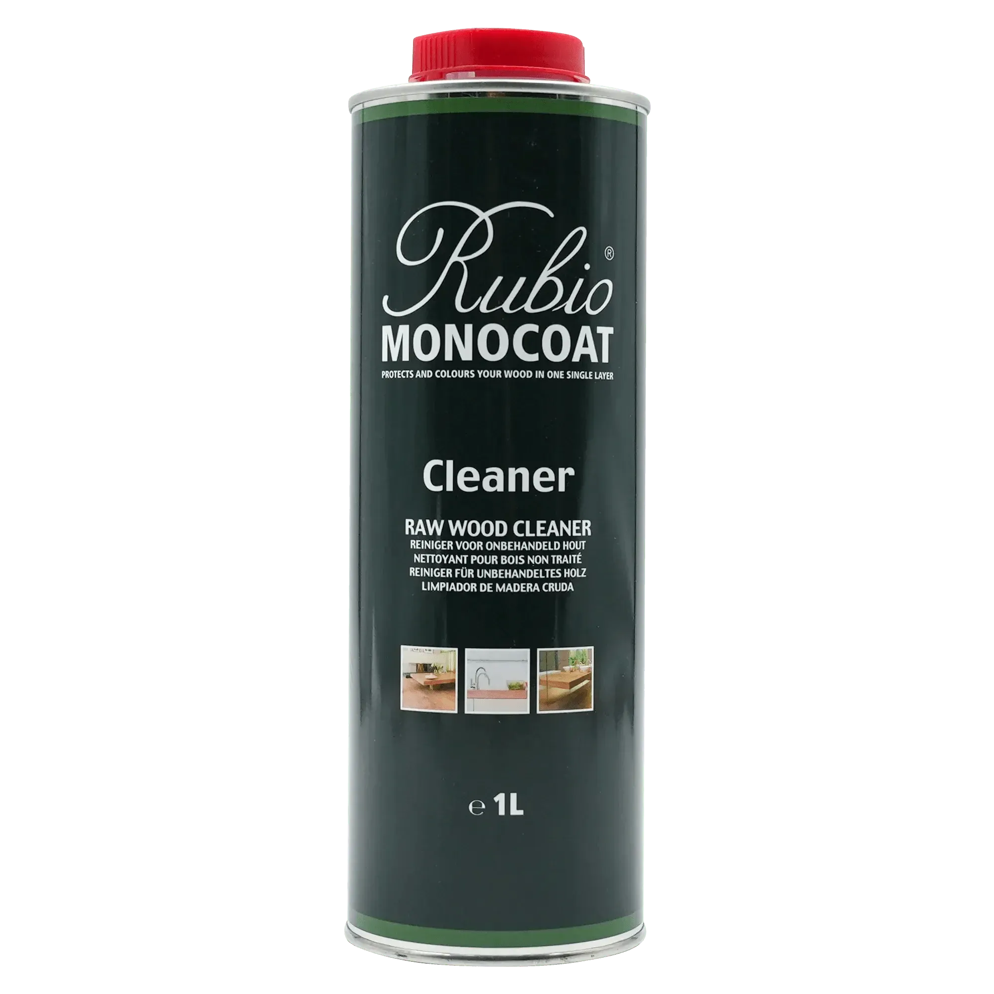 Grå metalbeholder med rød skruelåg, etikette med hvid tekst Rubio Monocoat Cleaner 1L.