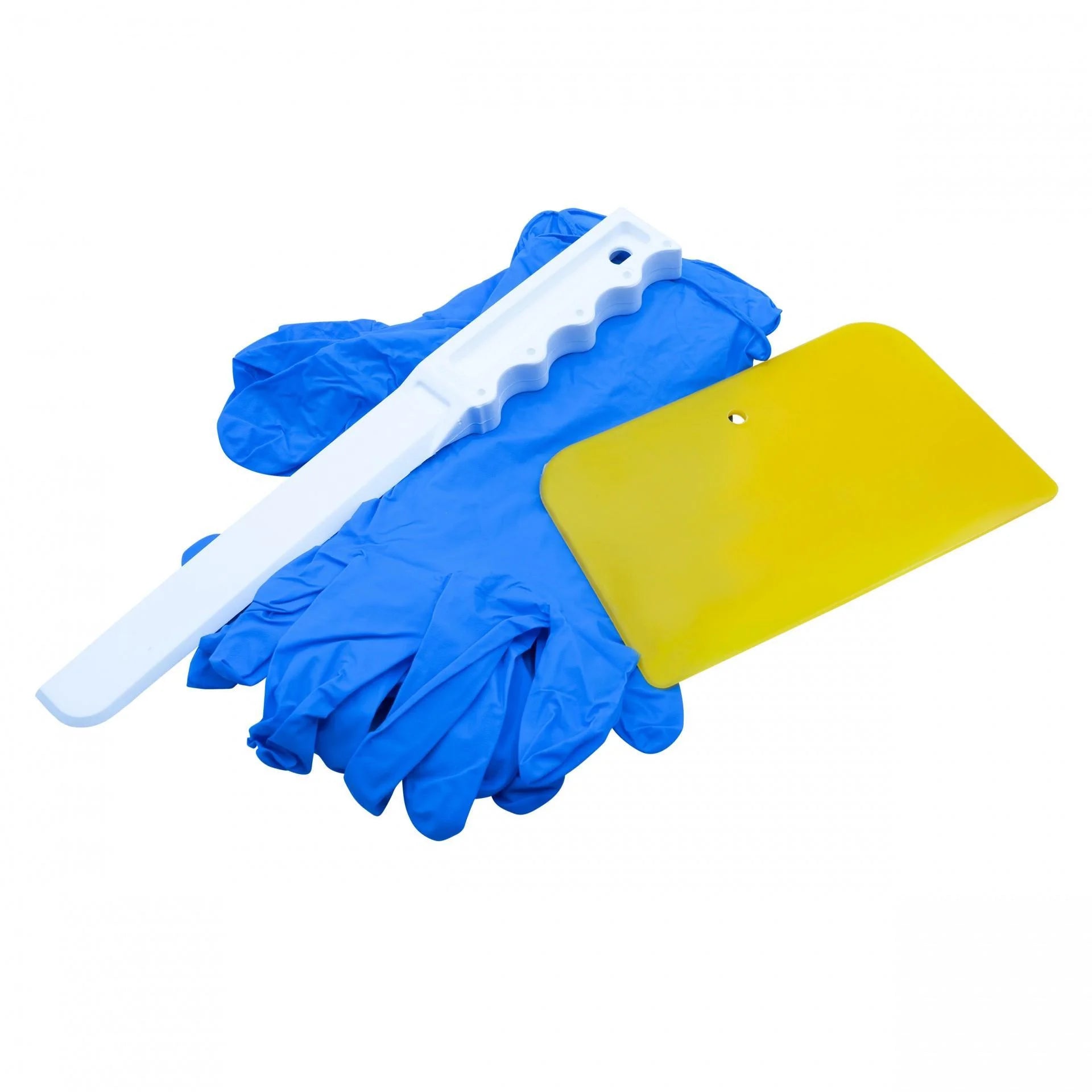 Blåt nitrilhandskesæt med hvid plastikspartel og gul spartel til epoxyarbejde.