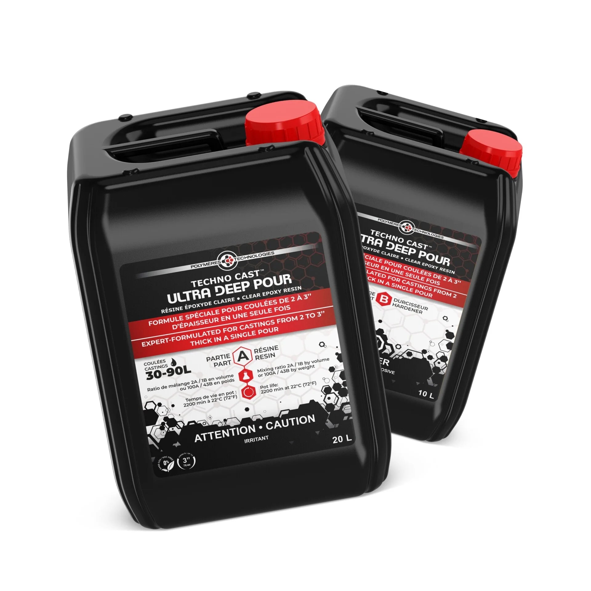 Sort 30L og 60L beholdere med rød hætte til epoxy resin DEEP POUR.