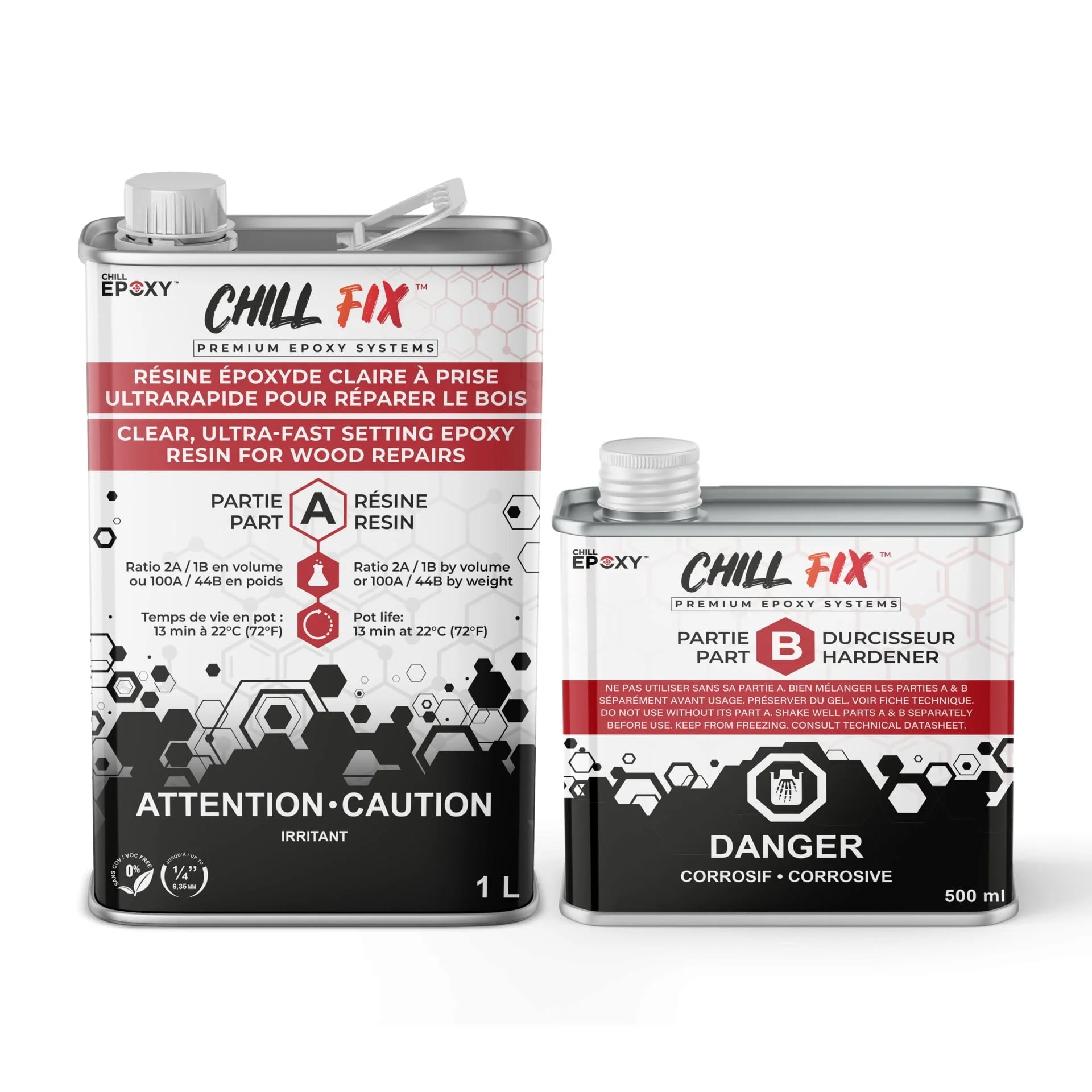 To metaldunke med Chlor Fix epoxy, en 1 liter resin og en 500 ml hærdemiddel, med rød og sort tekst på hvid og sølv baggrund.