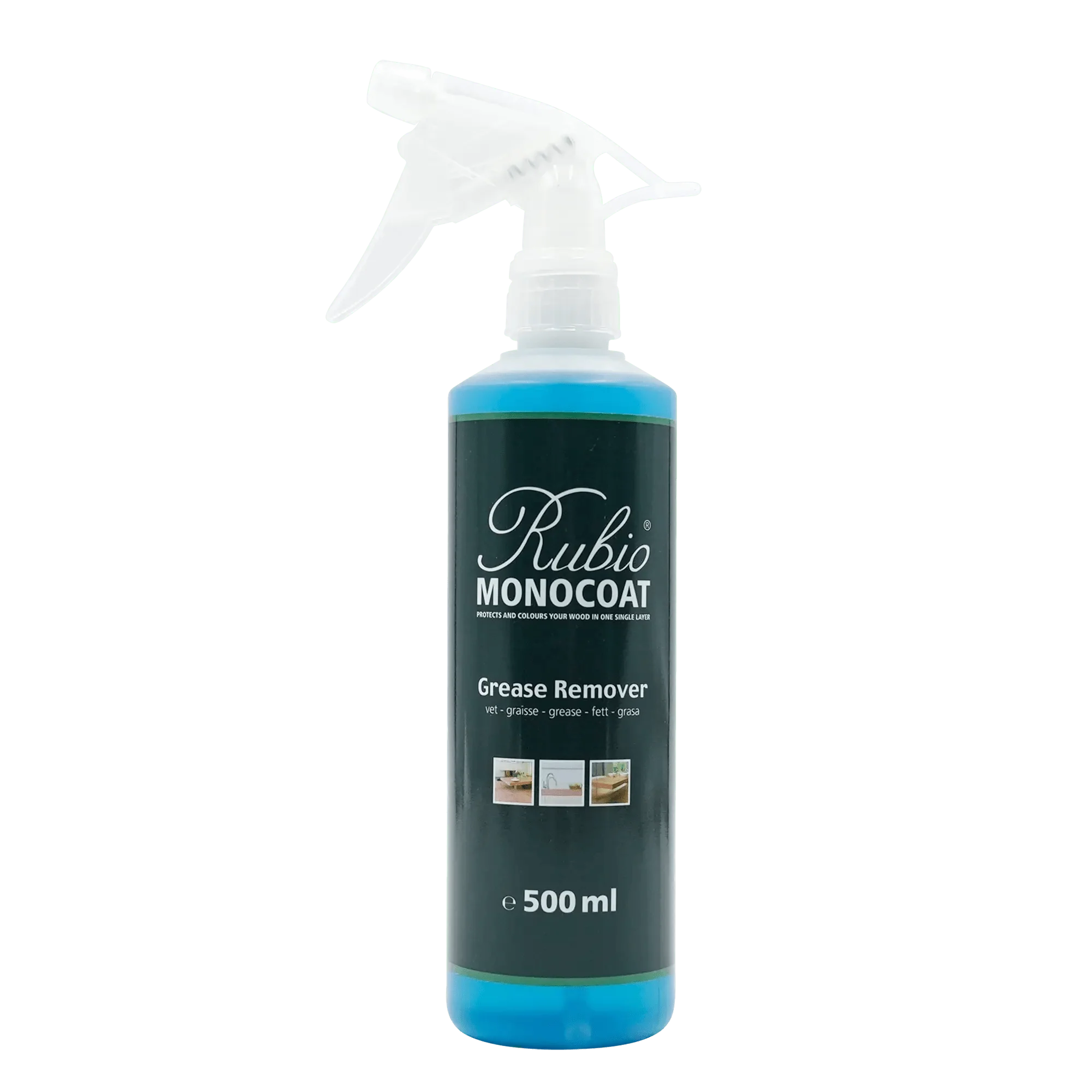 Rubio Monocoat Grease Remover sprayflaske på 500 ml med blå væske og sort etiket.