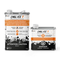 Chill Ice 1 epoxy resin og hærdemiddel i metalbeholdere med sort, hvid og orange design.