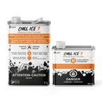 Chill Ice 1 epoxy resin og hærdemiddel i metalbeholdere med sort, hvid og orange design.