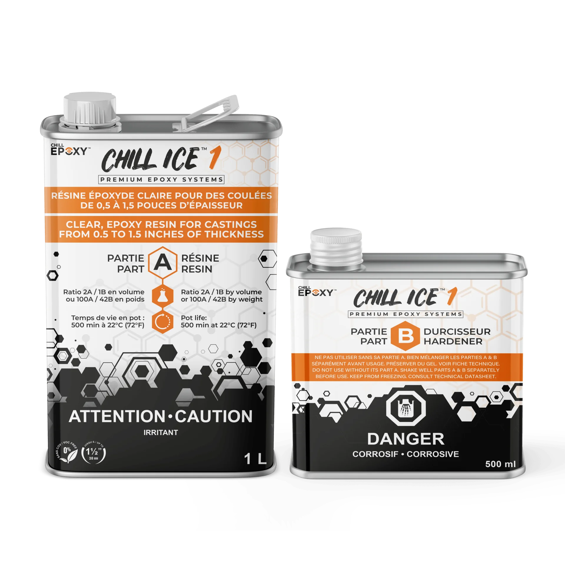Chill Ice 1 epoxy resin og hærdemiddel i metalbeholdere med sort, hvid og orange design.