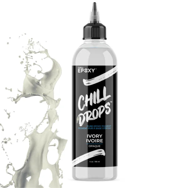 Hvid opak epoxy pigmentflaske med spids tud og sort etiket til resin art.