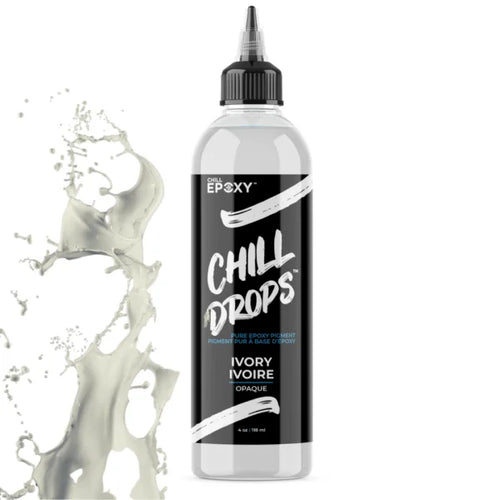 Hvid opak epoxy pigmentflaske med spids tud og sort etiket til resin art.