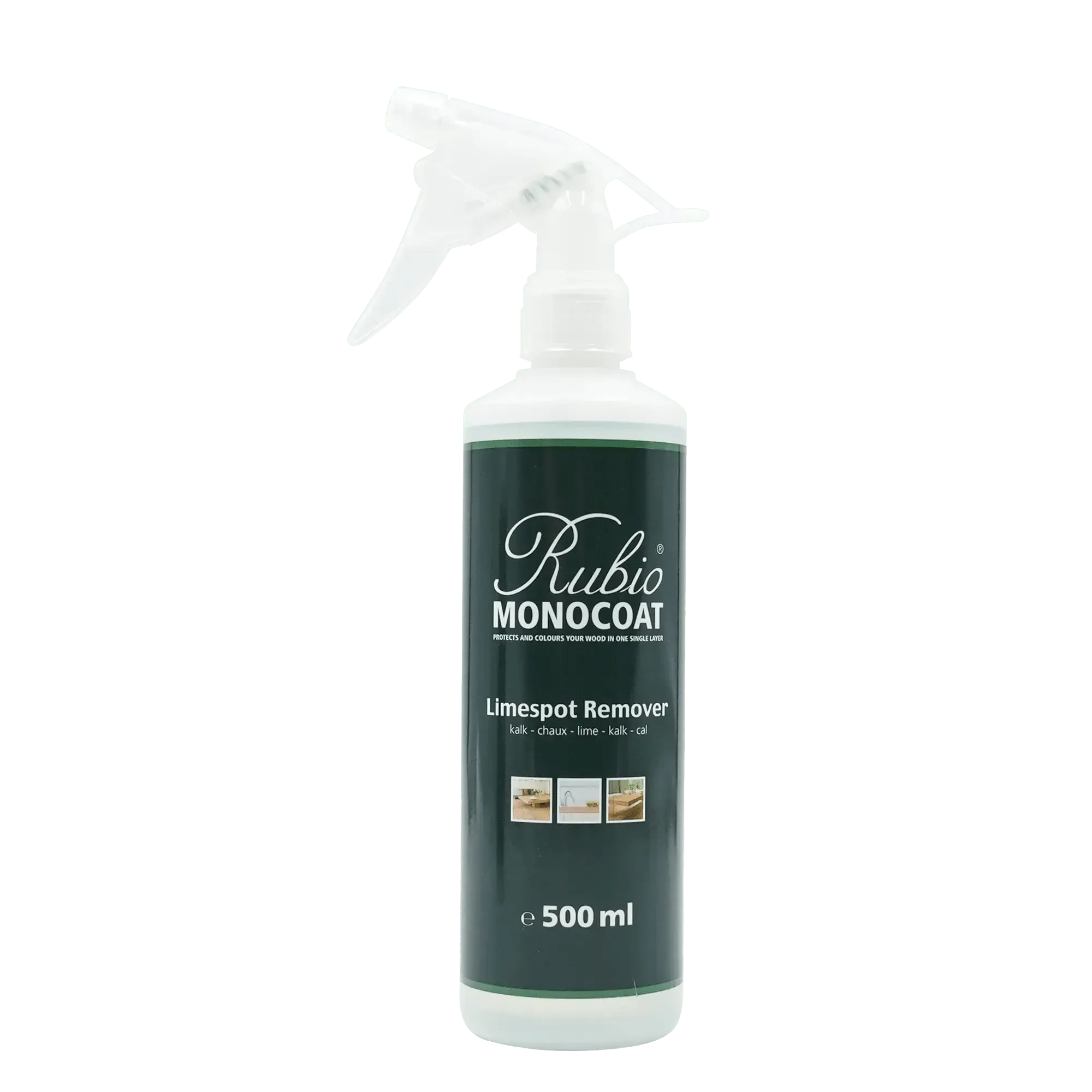 Hvid sprayflaske med mørkegrøn label, Rubio Monocoat Limespot Remover, 500 ml.