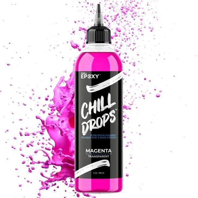 Flaske med magenta pigment til epoxy, flydende kunstmateriale med spids tud.