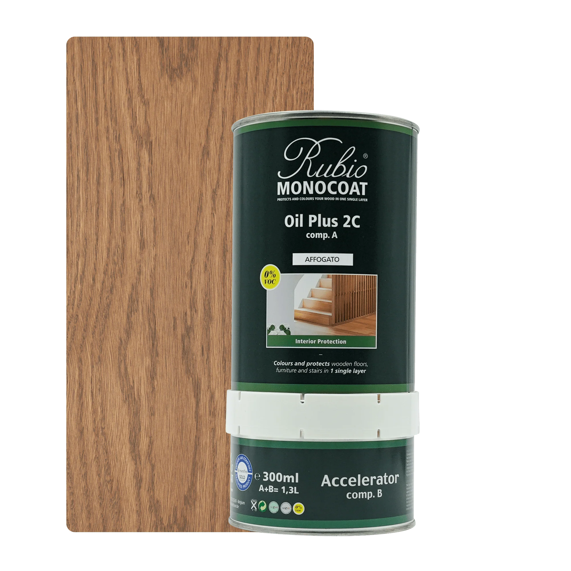Grøn dåse Rubio Monocoat Oil Plus 2C med bund i transparent plast, 300 ml møbelolie til træbehandling.