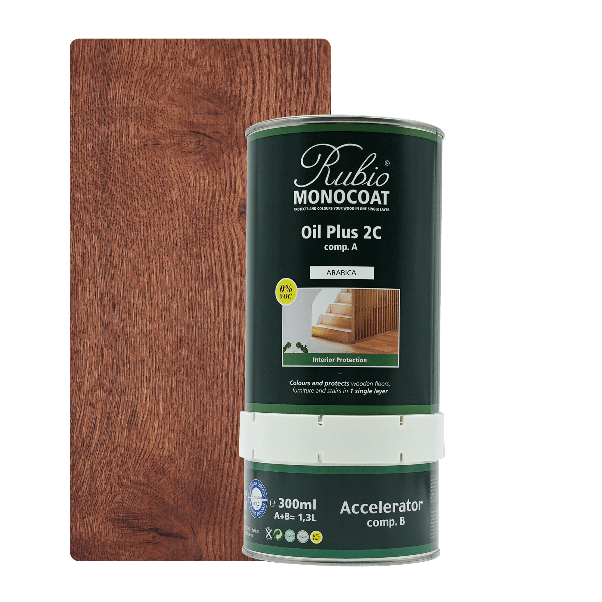 Grøn dåse med Rubio Monocoat Oil Plus 2C møbelolie og acceleratorspray, 300 ml, Ambra variant.