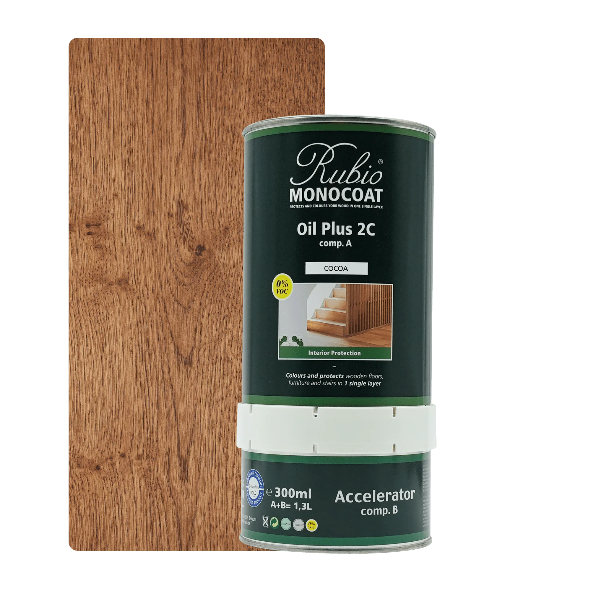 Grøn dåse med Rubio Monocoat Oil Plus 2C træolie og tilhørende accelerator på 300 ml.