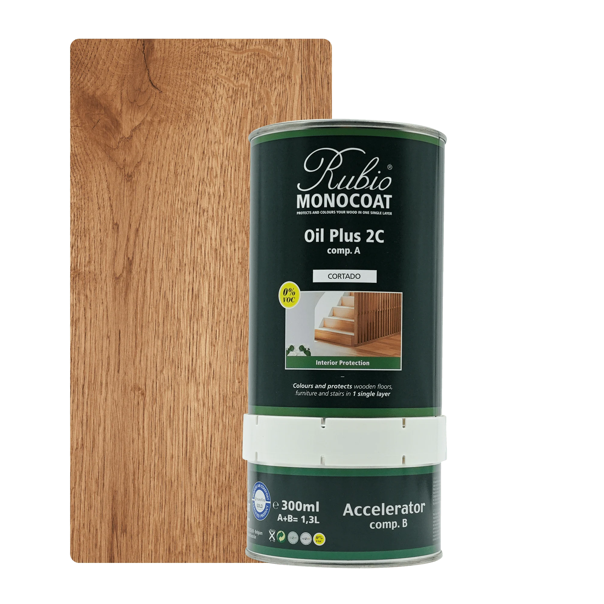 Grøn flaske med Rubio Monocoat Oil Plus 2C træolie og hvid accelerator til møbelbehandling, 300 ml.