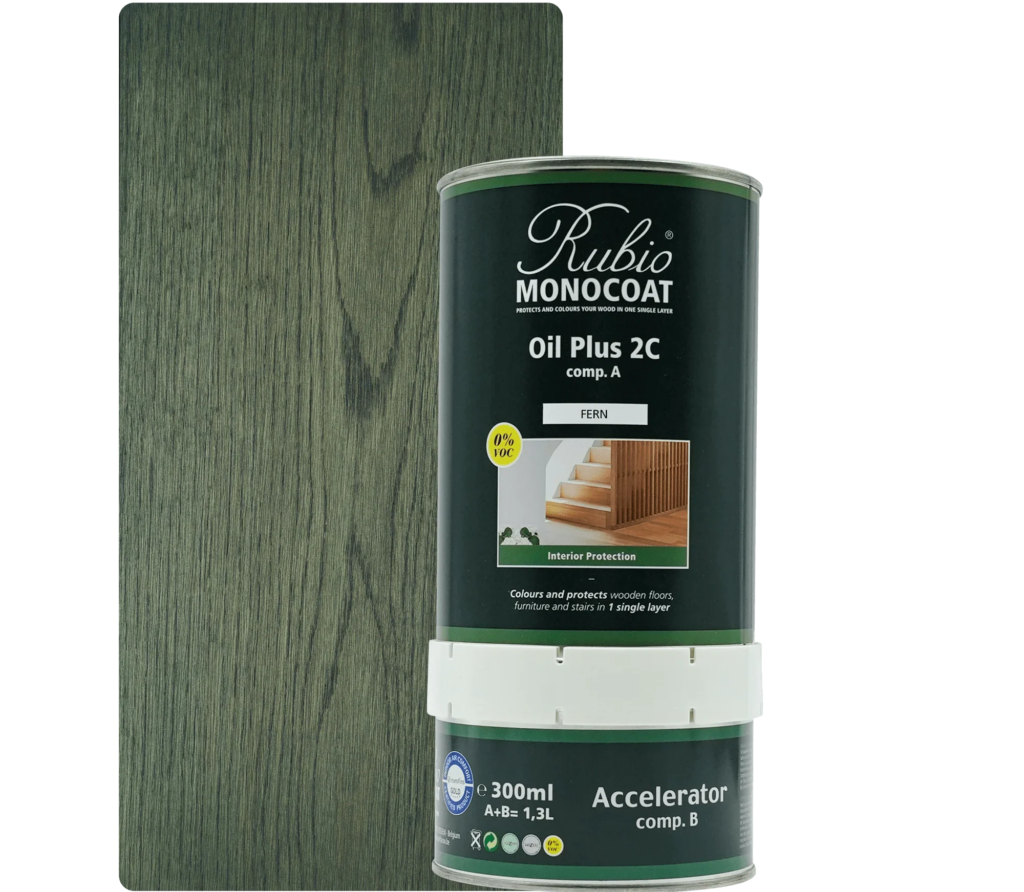 Dåse med Rubio Monocoat Oil Plus 2C træolie i Pure, 300 ml med hvid accelerator beholder.