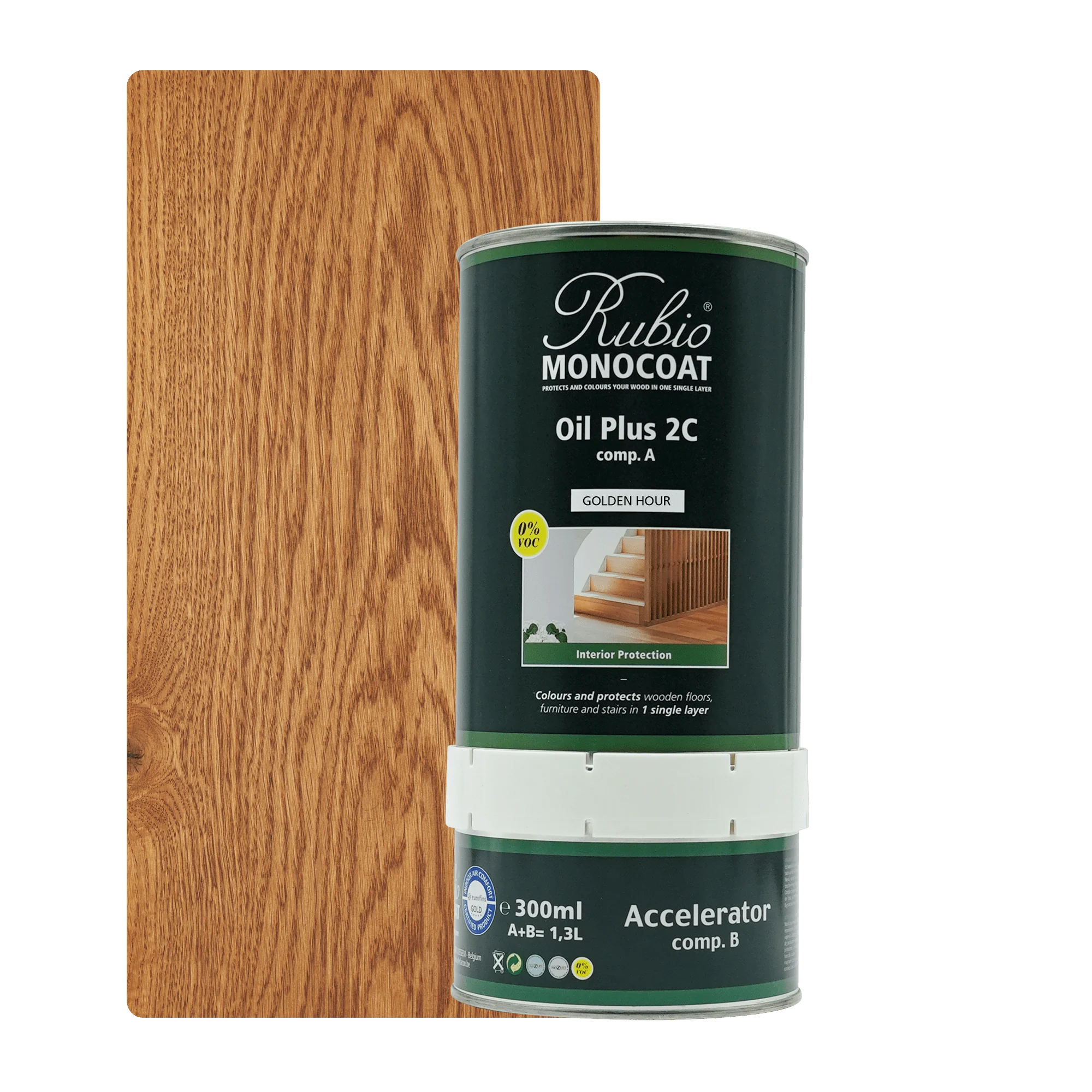 Grøn beholder med Rubio Monocoat Oil Plus 2C træolie, 300 ml med accelerator under.