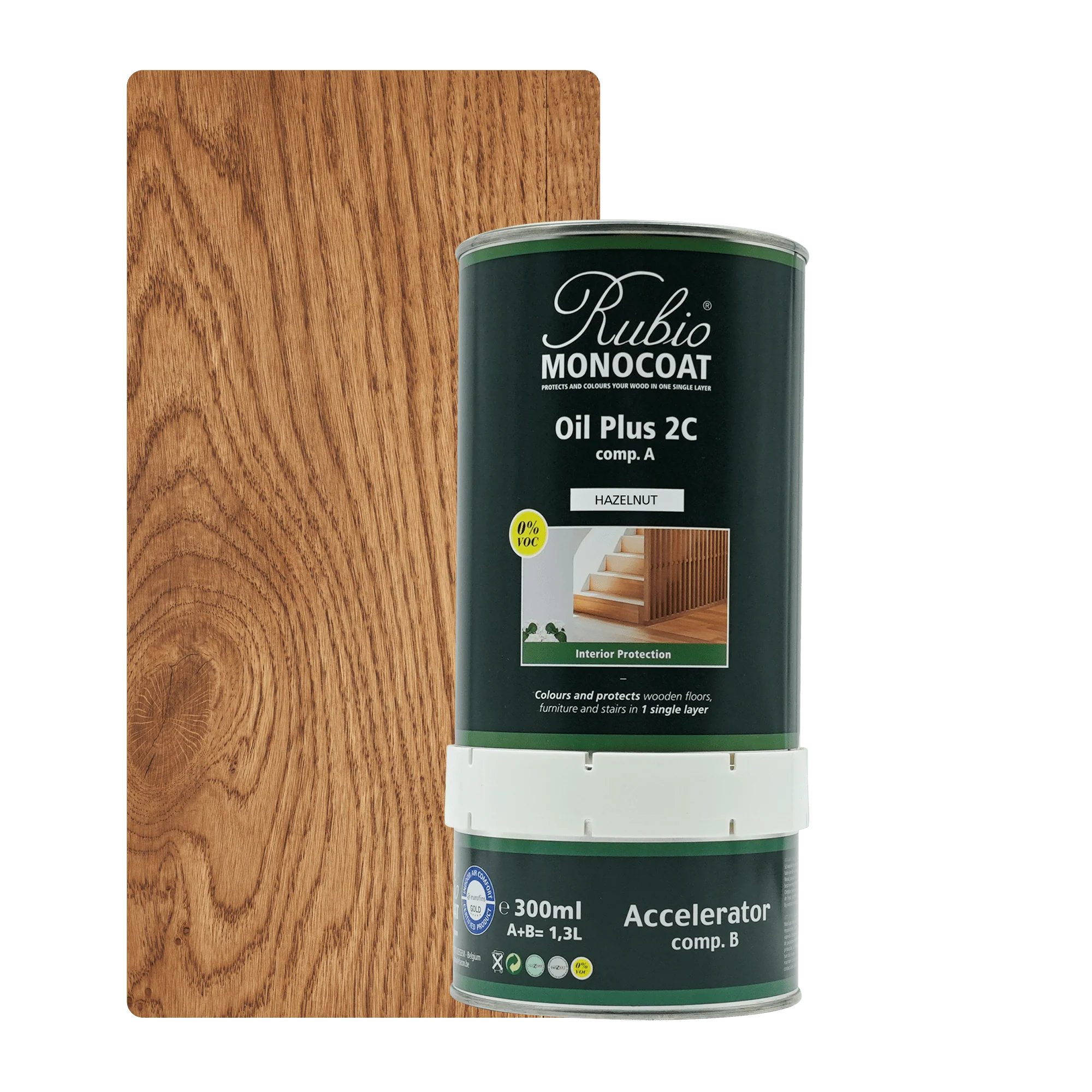 Grøn dåse Rubio Monocoat Oil Plus 2C møbelolie med 300 ml olie og accelerator, designet til indendørs træbehandling.