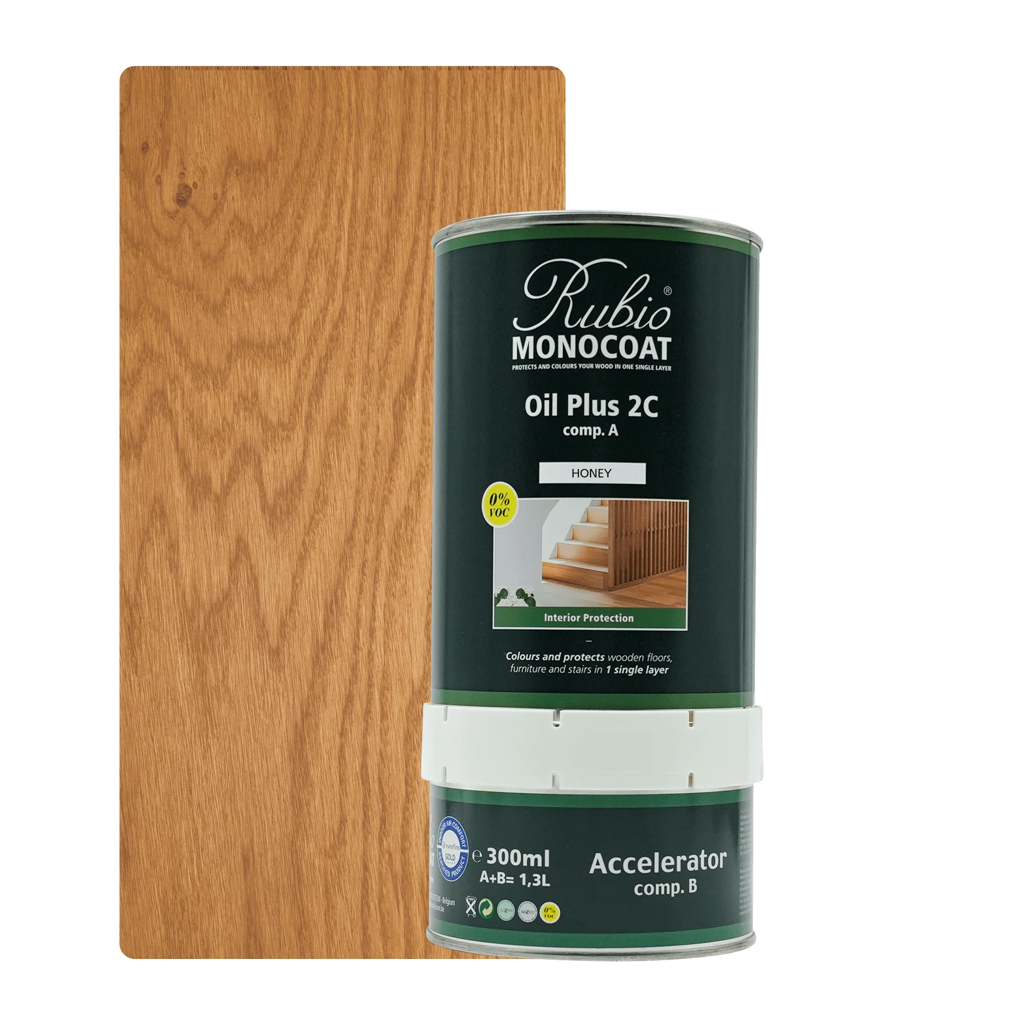 Grøn dåse med Rubin Monocoat Oil Plus 2C træolie i 300 ml og accelerator i 150 ml, mærket Honey.