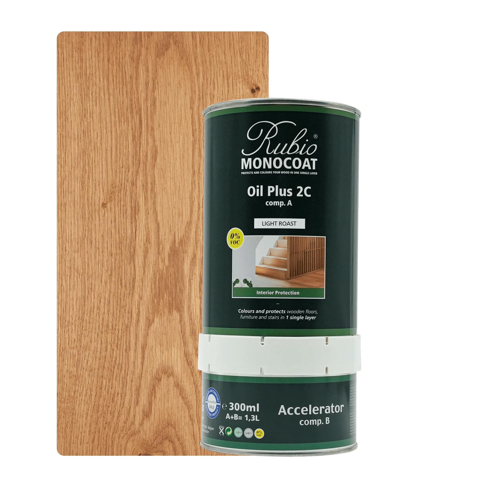 Rubio Monocoat Oil Plus 2C lys olie til træ i 300 ml metalbeholder med accelerator i bund.