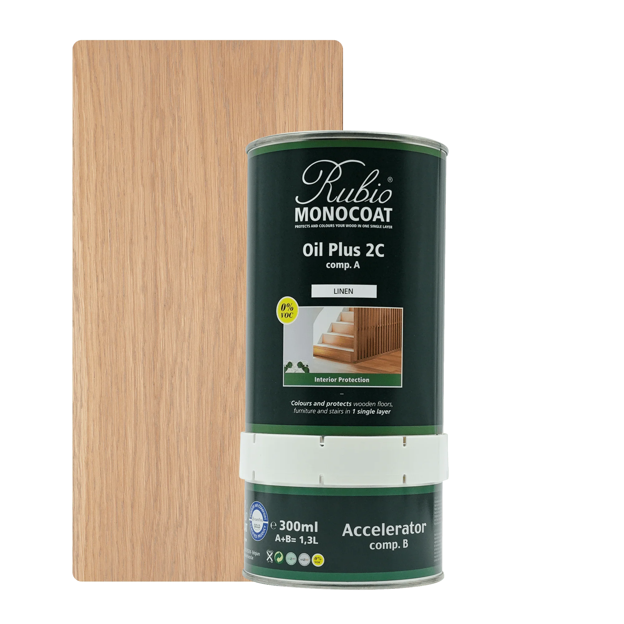Grøn metalbeholder med Rubio Monocoat Oil Plus 2C møbelolie og hvid plastiklåg foran lyst træprøve.