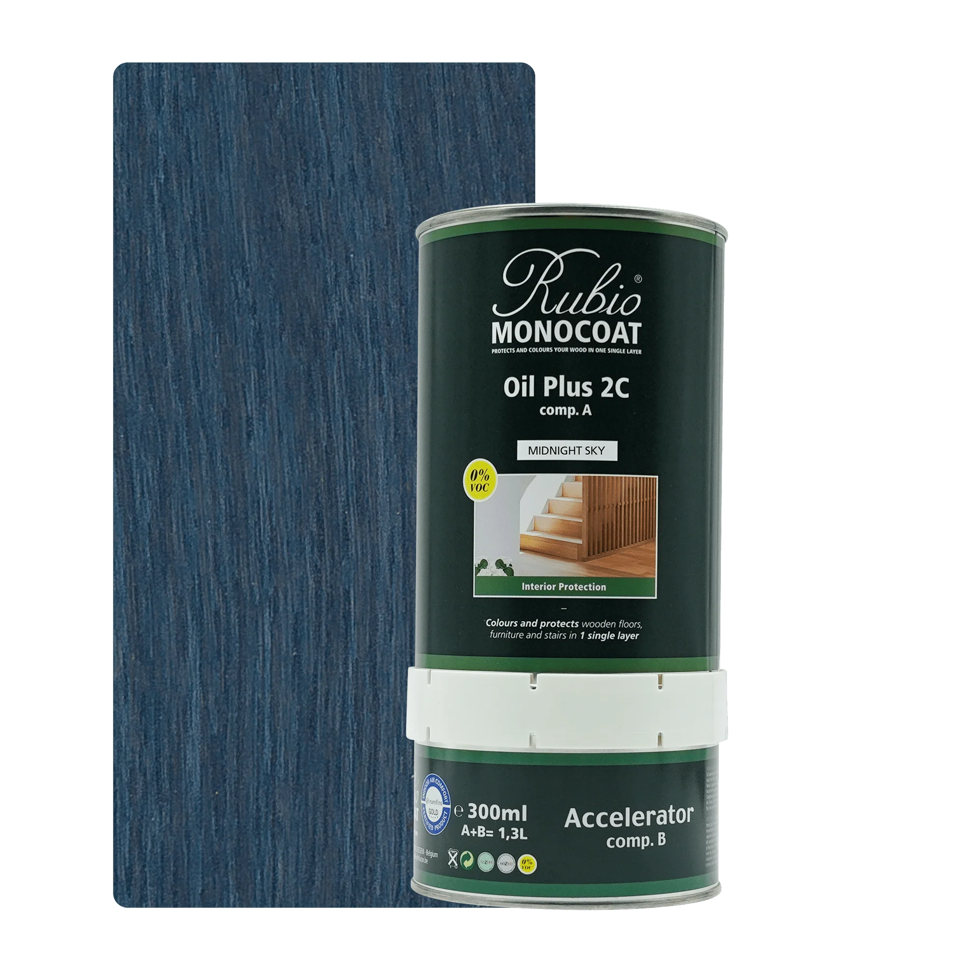 Rubio Monocoat Oil Plus 2C træolie i mørkeblå reliefdåse med hvid bund og grøn etikette, 300 ml.