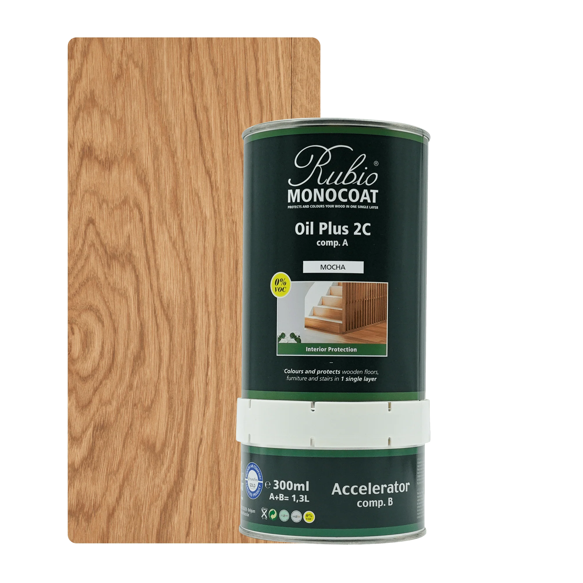 To-delt Rubio Monocoat wood oil i grøn og transparent plastikbeholder med 300 ml kapacitet og hvidt låg.