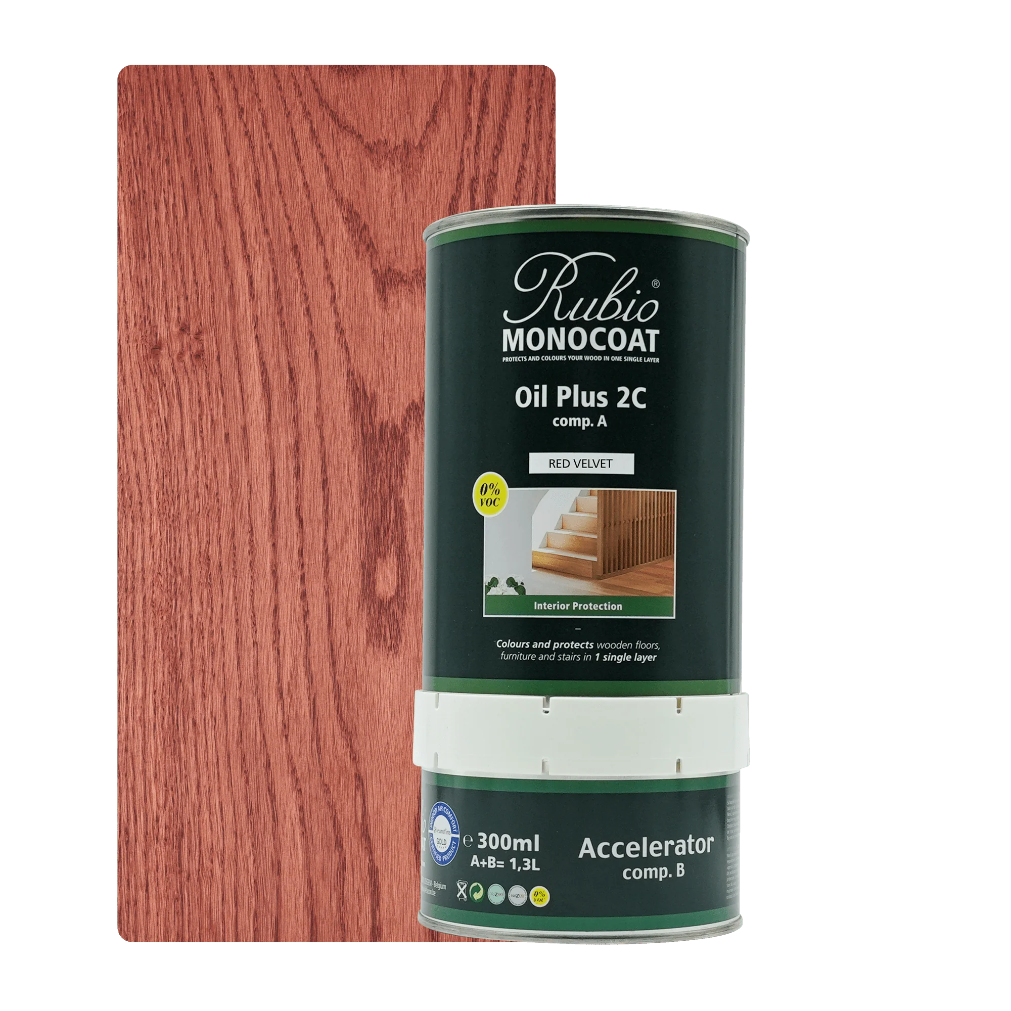 To-delt sæt med Rubio Monocoat Oil Plus 2C træolie i 300 ml flaske og accelerator i 300 ml dåse, naturlig træfarve label.