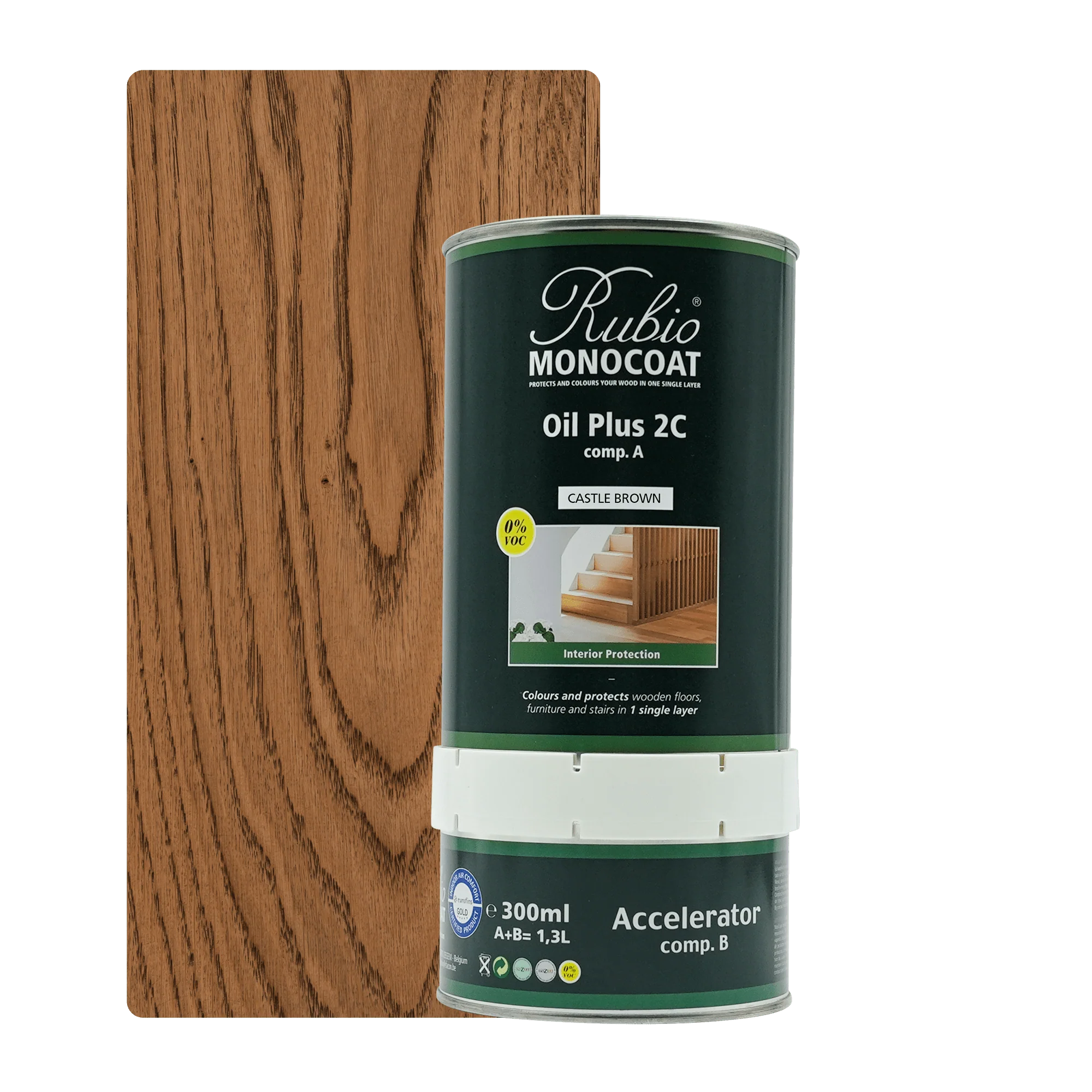 Rubio Monocoat Oil Plus 2C træolie i 300 ml dåse, farve Castle Brown, til indendørs møbelbehandling.