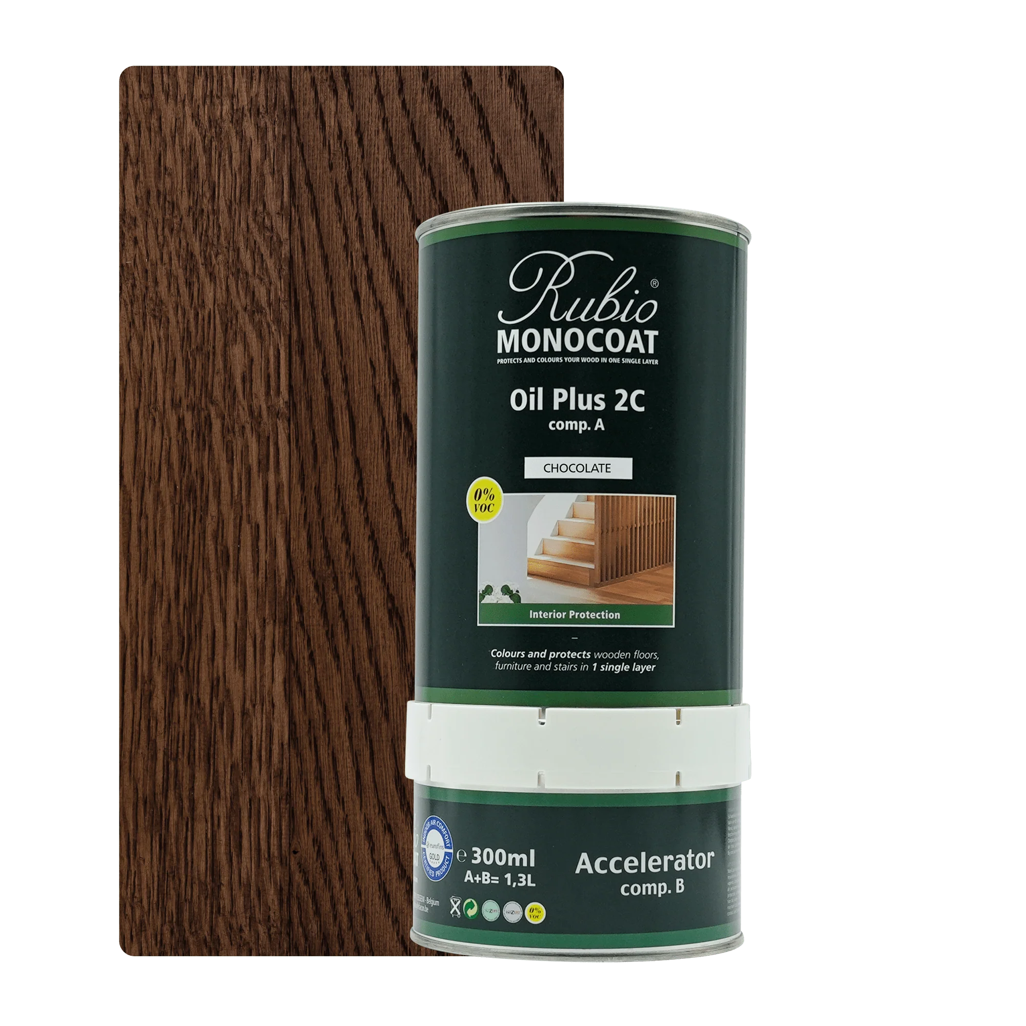 Rubio Monocoat Oil Plus 2C træolie i chokoladefarve med accelerator i 300 ml dåser.
