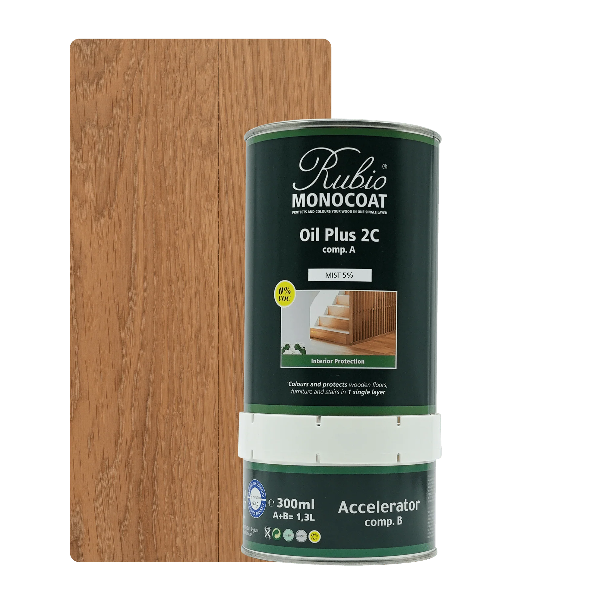 Metalspand med grøn label og hvid bund med Rubio Monocoat Oil Plus 2C indeholdende træolie og accelerator.