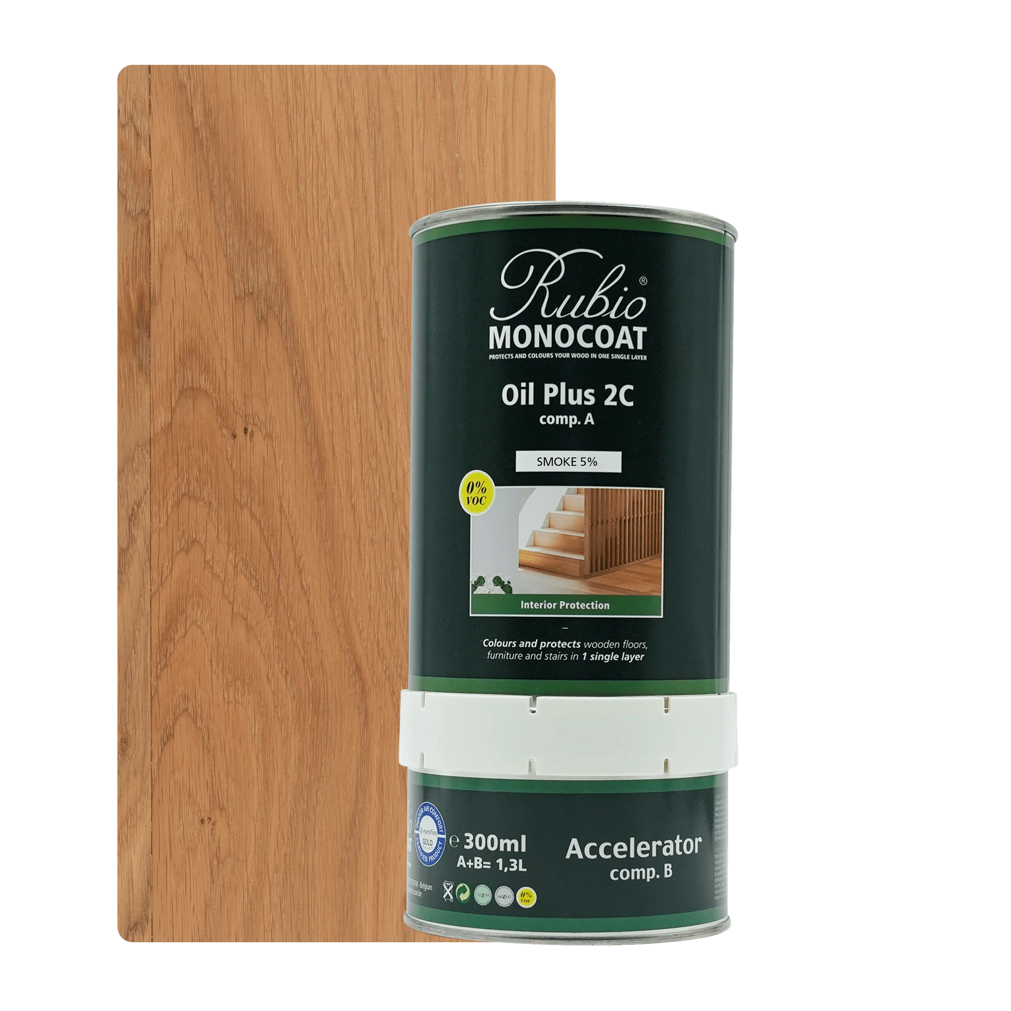 Grøn dåse med Rubio Monocoat Oil Plus 2C træolie og hvid acelerator på 300 ml til indendørs brug.