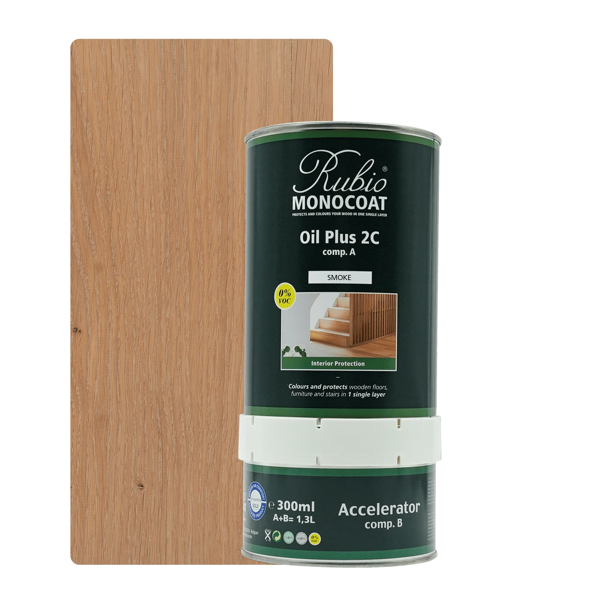 Grøn metalbeholder med Rubio Monocoat Oil Plus 2C træolie, 300 ml med accelerator under.