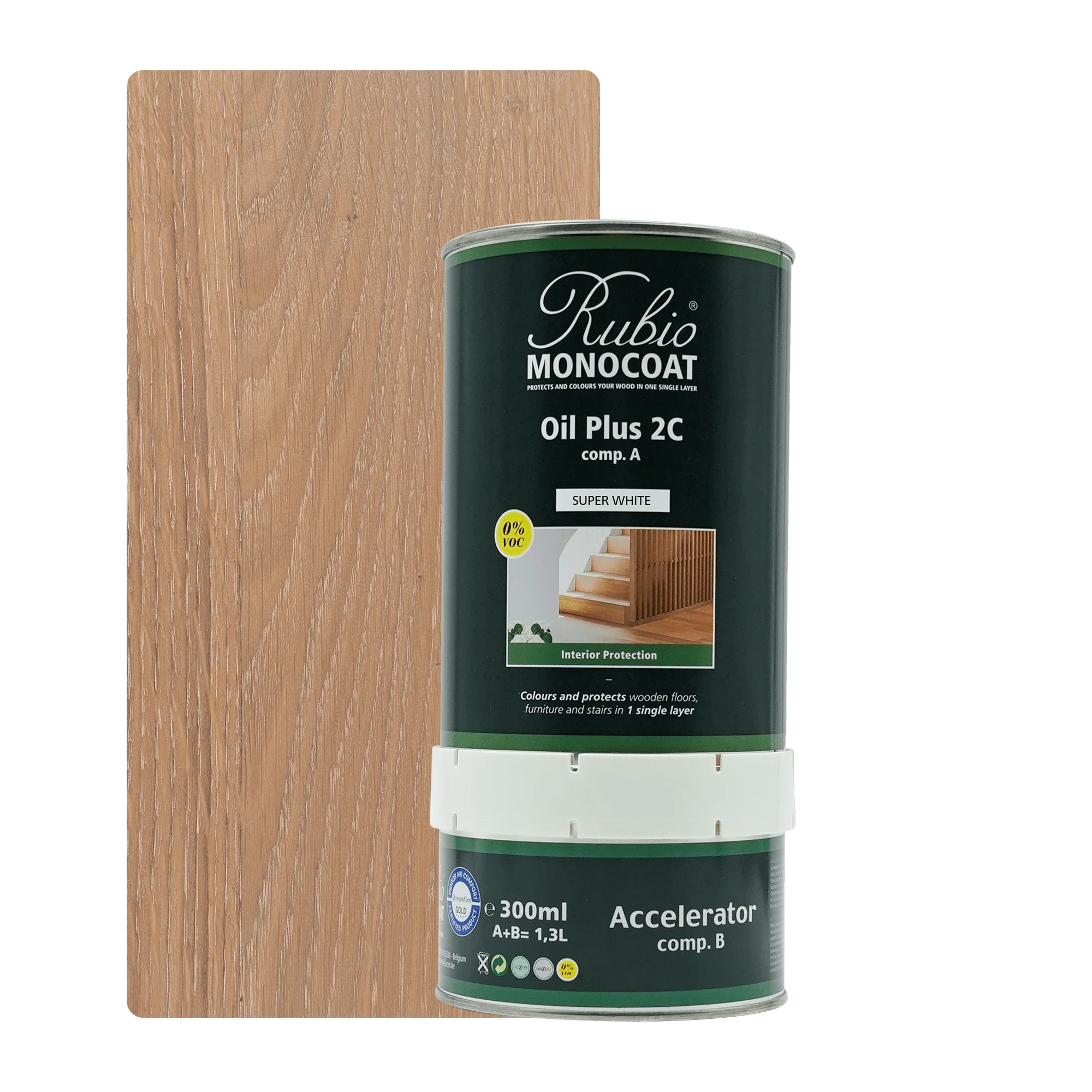 Rubio Monocoat Oil Plus 2C træolie sættet med grøn dunk og hvid beholder, 300 ml.