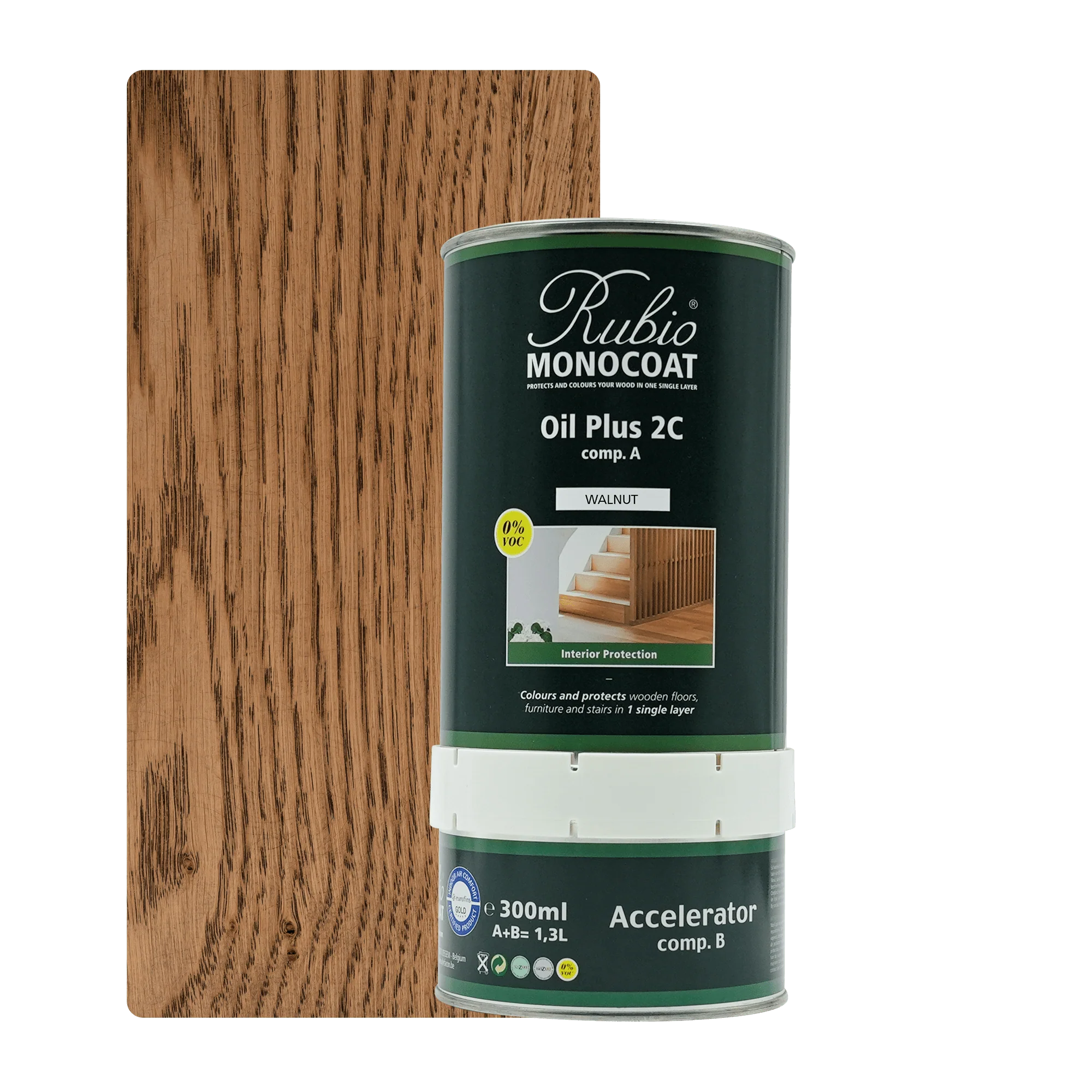 Dobbeltpakning Rubio Monocoat Oil Plus 2C træolie, mørk træprøve, 300 ml og accelerator dåse.