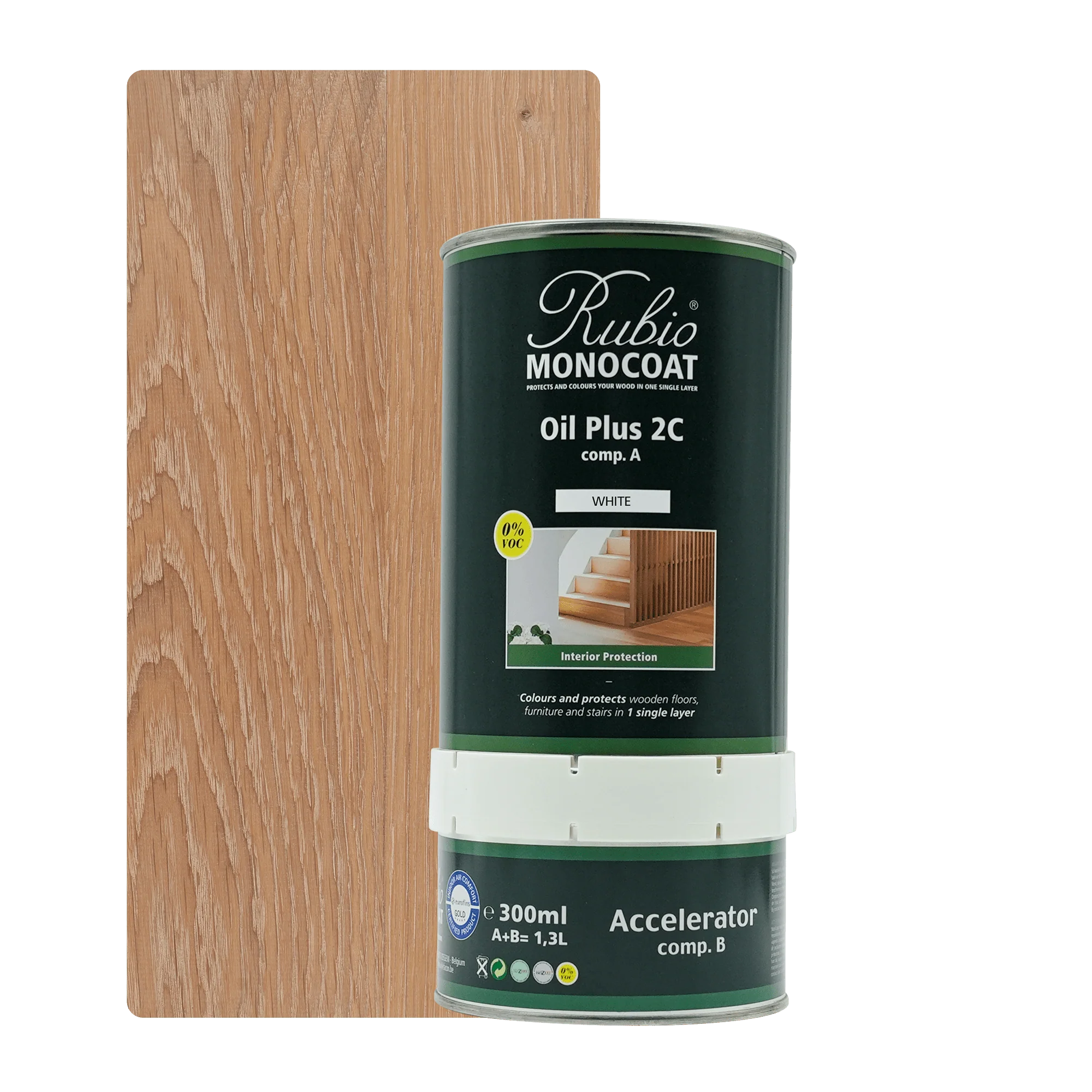 Grøn dåse med Rubio Monocoat Oil Plus 2C træolie og hvid label, 300 ml med accelerator beholder under.