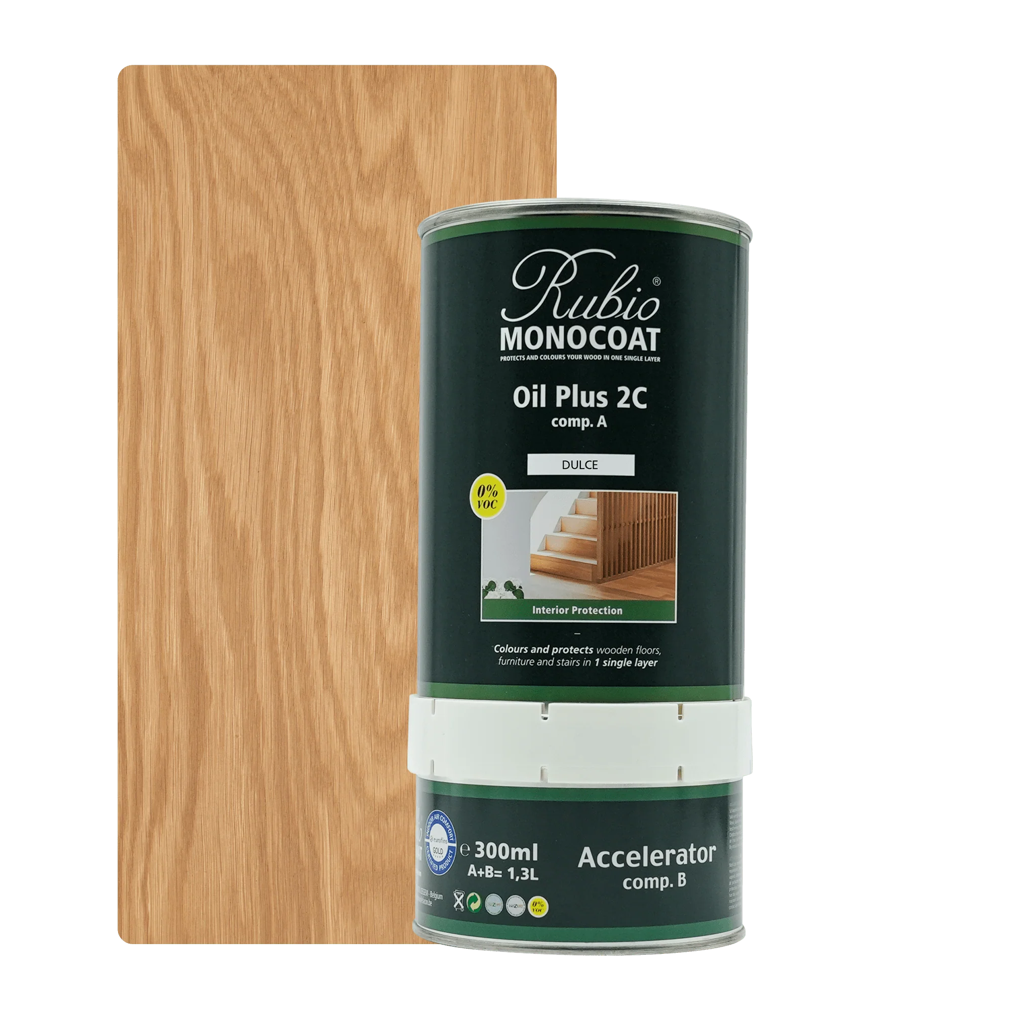 Grøn dåse Rubio Monocoat Oil Plus 2C møbelolie med træprøve i naturlig egetræsfiner.