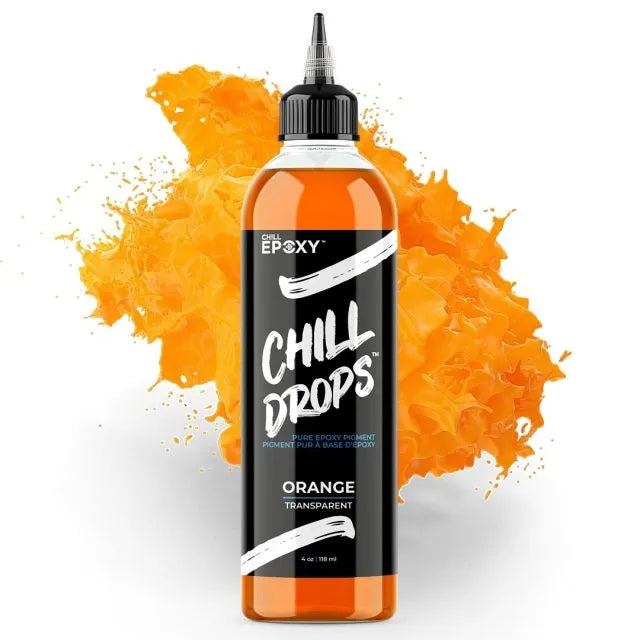 Orange flydende epoxy pigment i transparent udgave med sort etikette og sort låg.