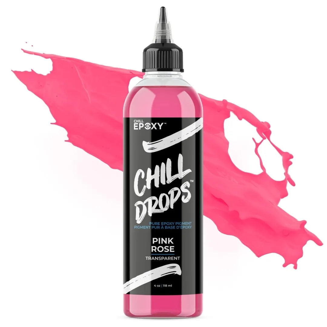 Flasker med rosa epoxypigment til resin art med præcis dryp-tud.