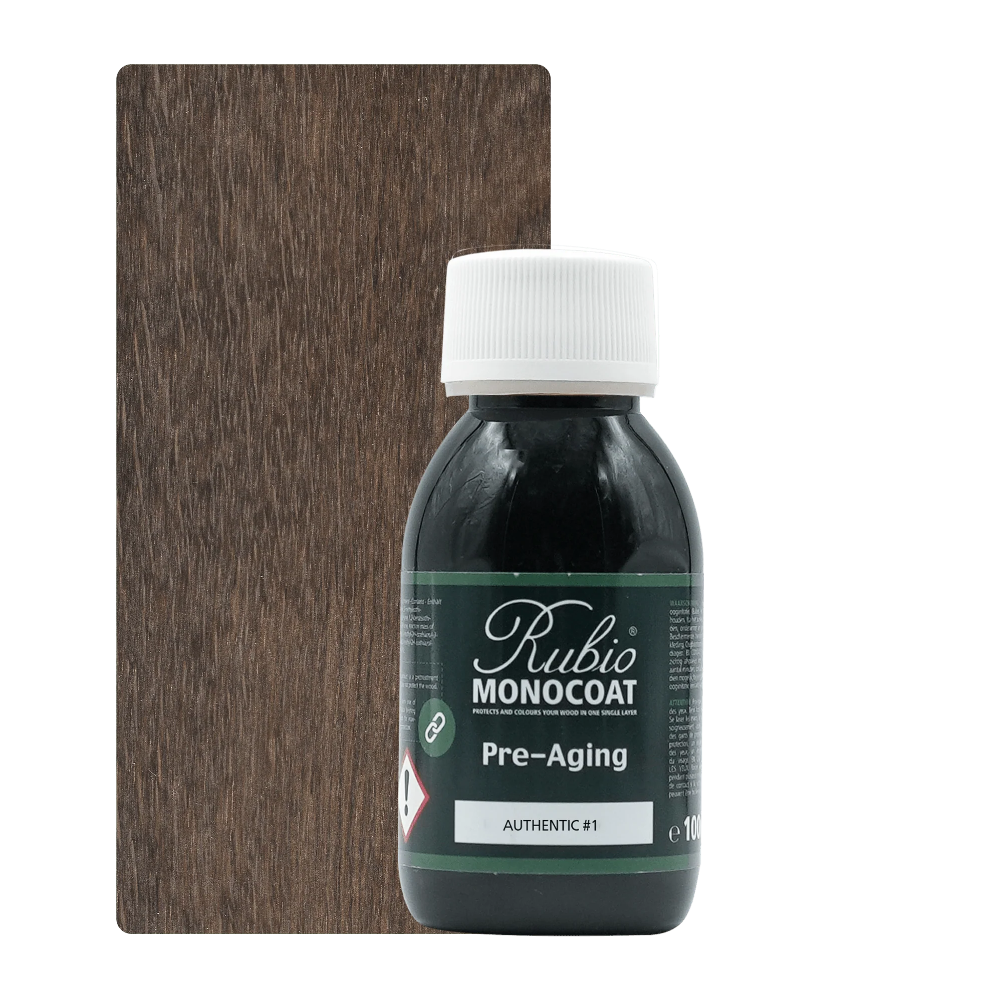 Rubio Monocoat Pre-Aging træolie 100 ml med mørk brun forbehandling, Authentic #1.