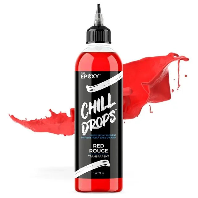 Rød CHILL DROPS epoxy pigmentflaske med sort etiket og dryp af maling bagved.
