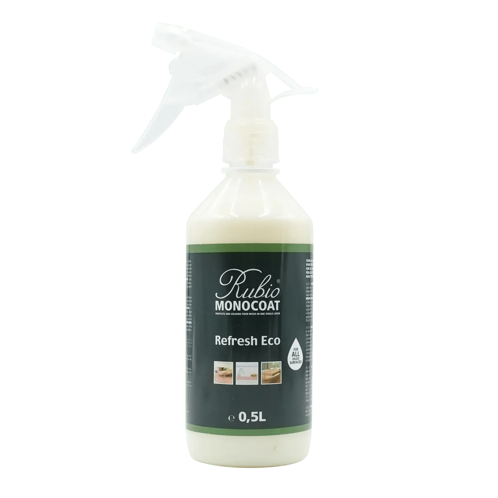 Rubio Monocoat Refresh Eco træolie sprayflaske 0,5 l med hvid sprøjtehåndtag og grøn etiket.