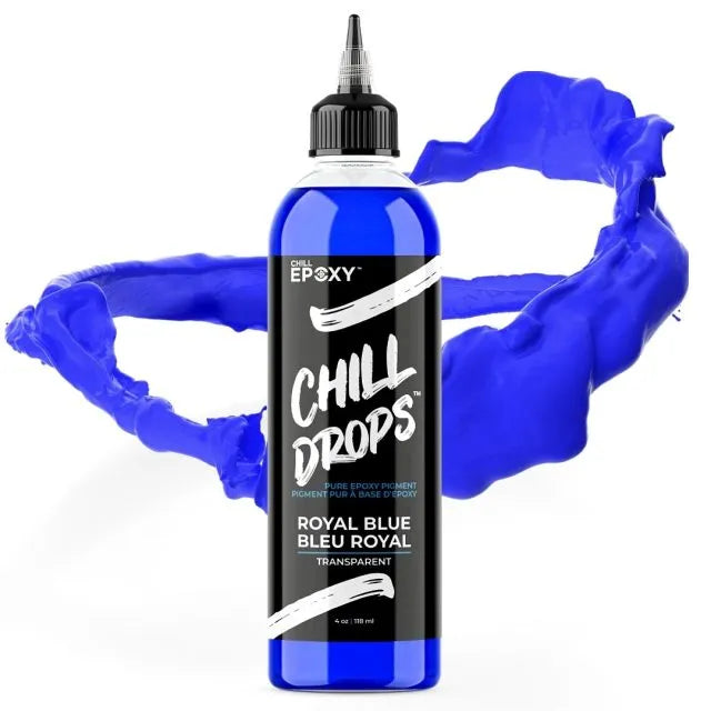 Royal Blue epoxy pigmentflaske med dryppet klar væske og blå flydende pigmentbølge.