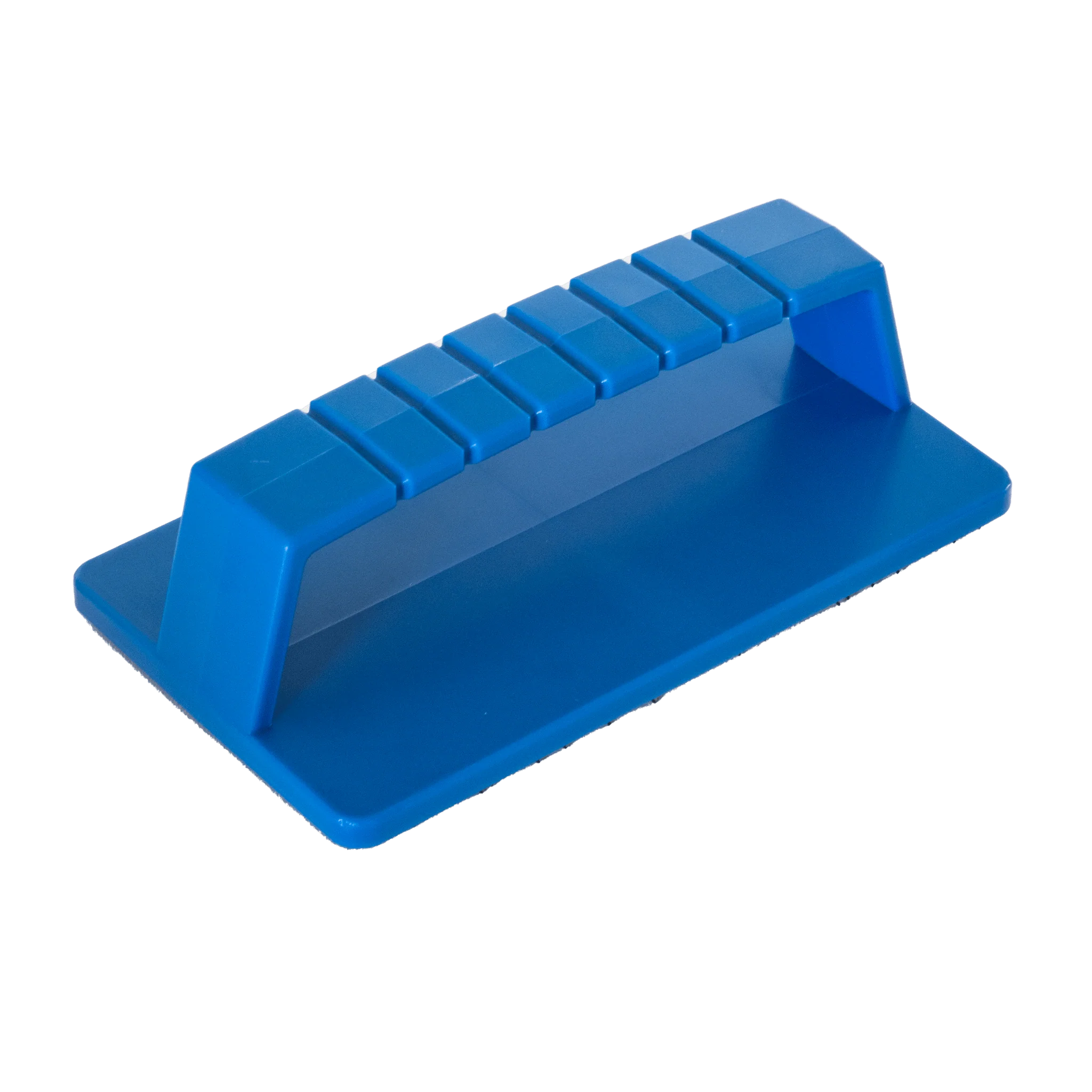Blå Scrubby holder i plast med ergonomisk greb og riller på toppen.