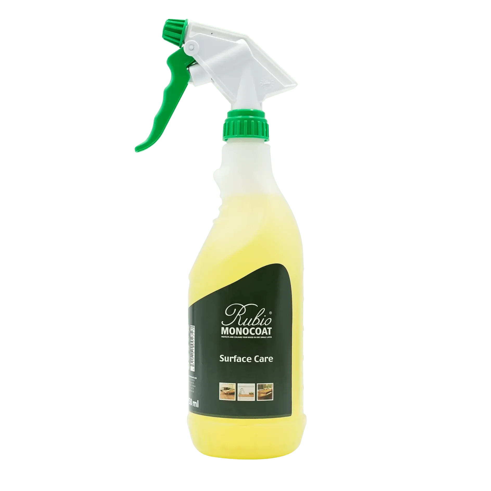 Rubio Monocoat Surface Care gul rengøringssprayflaske med grøn plastikforstøver.